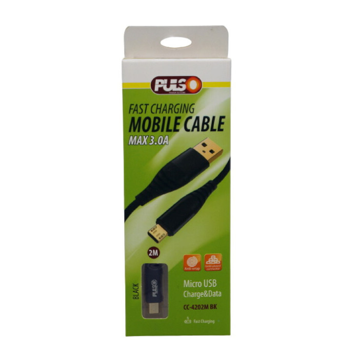 Кабель USB PULSO Micro USB 3A 2м Quick Charge чорний (Voin)
