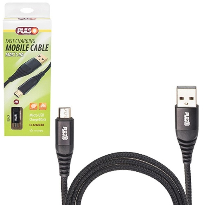 Кабель USB PULSO Micro USB 3A 2м Quick Charge чорний (Voin)