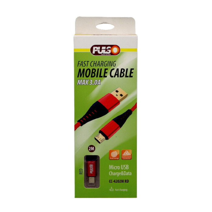 Купити Кабель PULSO USB - Micro USB 3А, 2м, red (швидка зарядка/передача даних) (CC-4202M RD) в Україні
