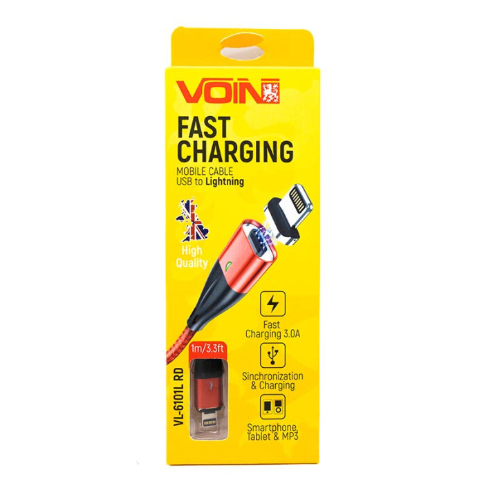 Кабель магнітний VOIN USB - Lightning 3A, 1m, червоний (швидка зарядка / передача даних)