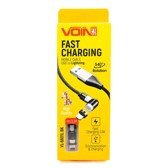 Кабель магнітний шарнірнийi VOIN USB - Lightning 3A, 1m, black (швидка зарядка / передача даних)