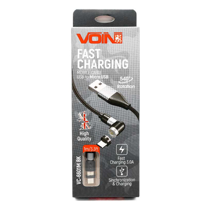 Кабель магнітний шарнірнийi VOIN USB - Micro USB 3A, 1m, black (швидка зарядка / передача даних)